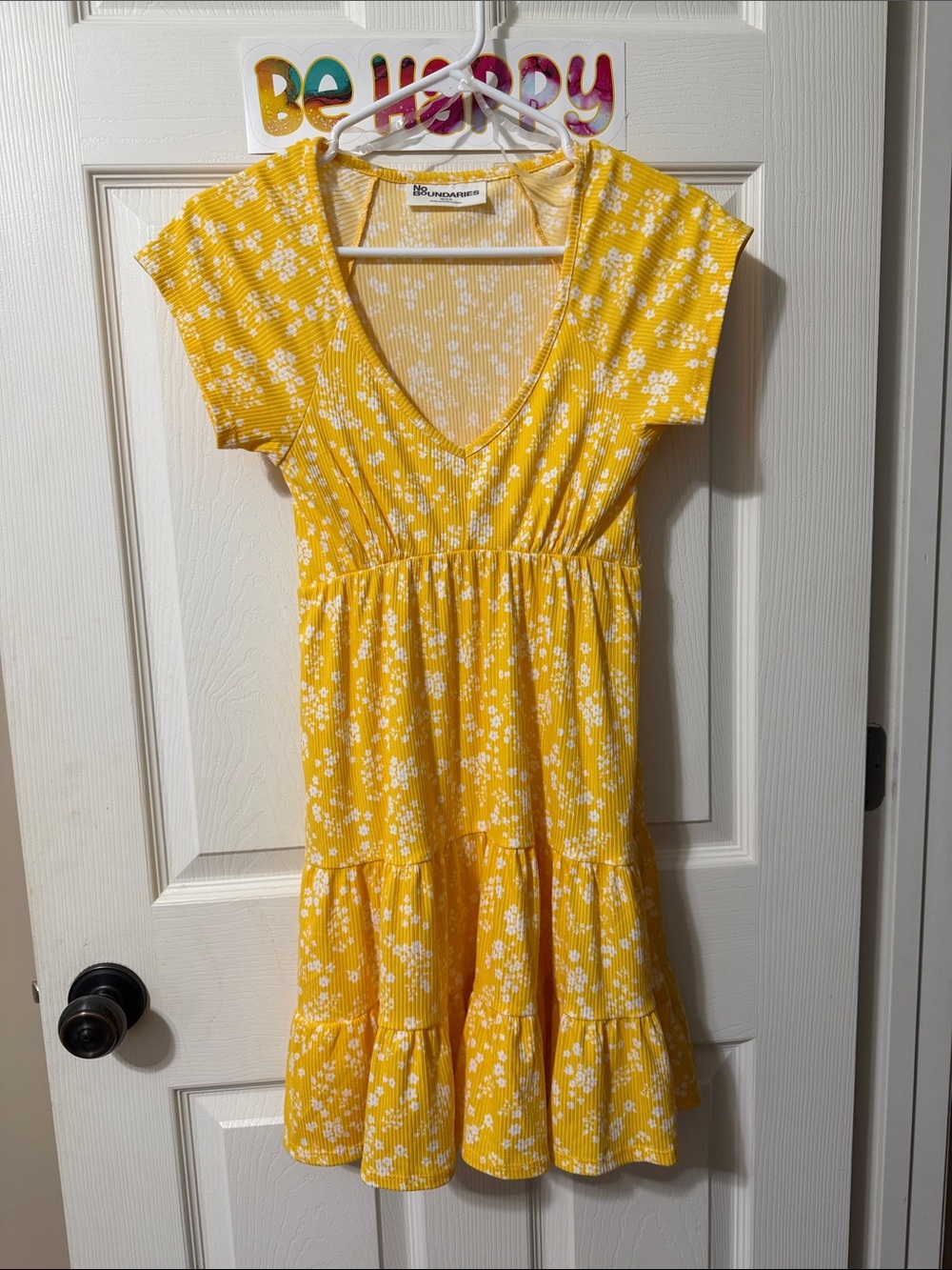 No Boundaries Yellow Floral V-Neck Tiered Mini Dress